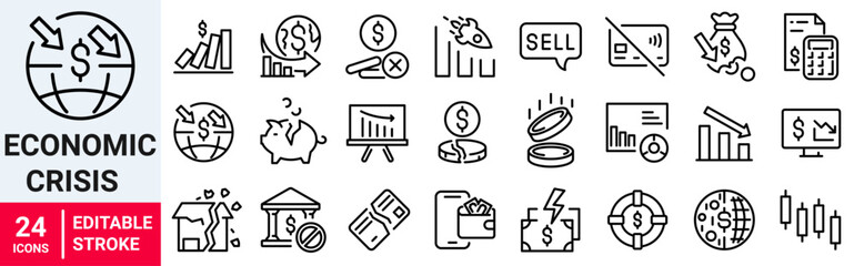 Financial Crisis web line icon collection. Economic downturn, stock marker cash, financial meltdown, recession, credit crunch.