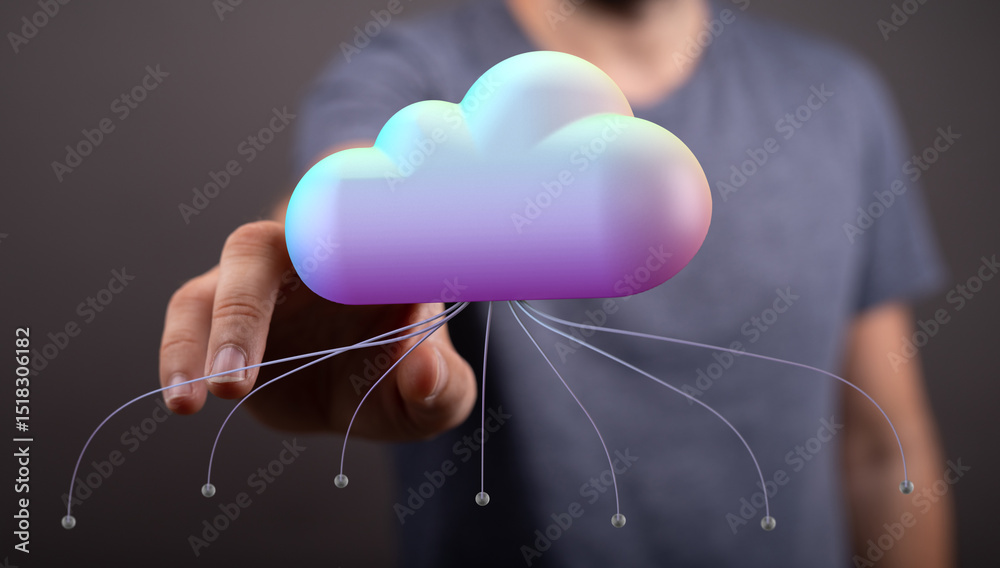 Aufkleber Person interacting with a digital cloud, representing cloud computing and network connections.