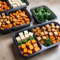 Vegan meal prep containers filled with healthy dishes like tofu cubes, sweet potato cubes 
