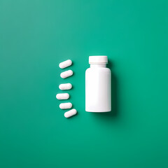White supplement bottle, pills on green background. Top view flat lay trendy product presentation.  