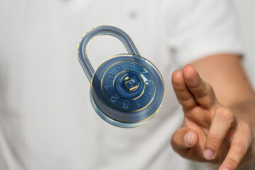 Protect sensitive information.  High-tech digital lock graphic.  Cybersecurity, data privacy.