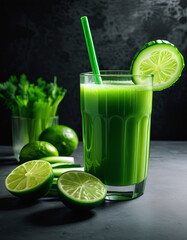 Fresh green detox juice in a glass with cucumber slice and straw, surrounded by lime, celery, and cucumber on a dark background. Healthy drink rich in vitamins and perfect for cleansing