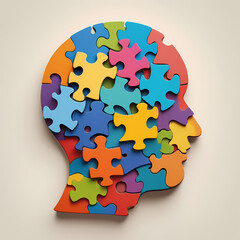 Wooden head shape brain made of colorful puzzle pieces 