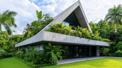 Modern Triangular House Design with Lush Greenery - Contemporary home showcasing a striking triangular architectural design