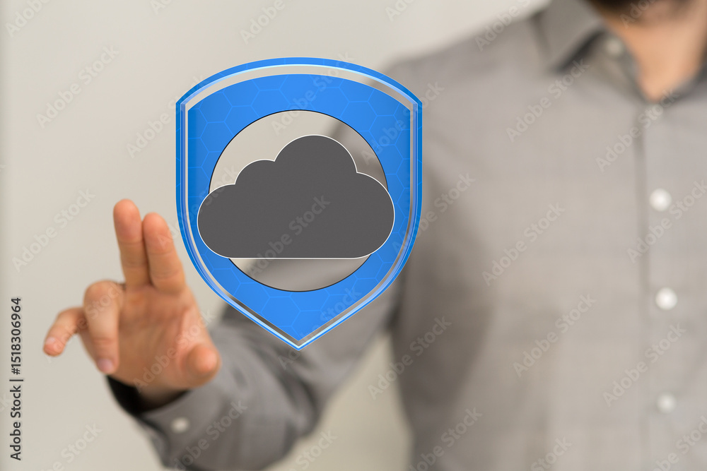 Poster Image of a hand interacting with a digital shield protecting a cloud, symbolizing secure cloud data.