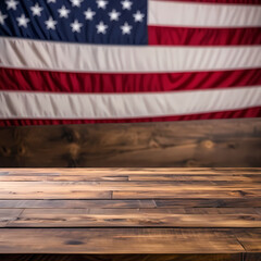 Wooden table top display against blurred American flag background. Empty surface perfect for montage displays 