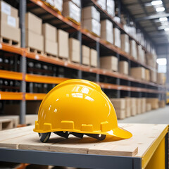 Yellow safety helmet shelf blur warehouse background. Construction labor day, national safety month campaign 