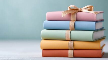 Stack of pastel colored books tied with golden ribbon on a light surface with minimal background perfect for back to school promotions, reading encouragement visuals and knowledge day designs