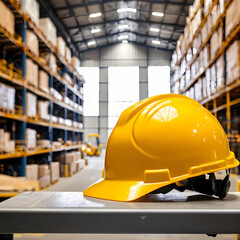 Yellow safety helmet shelf blur warehouse background. Construction labor day, national safety month campaign 