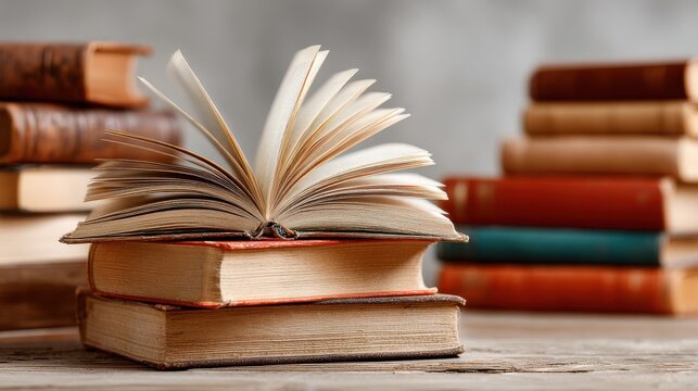 Open vintage book with fanned pages on a rustic wooden table surrounded by stacks of old books perfect for classic literature visuals, academic themes and historical knowledge day content