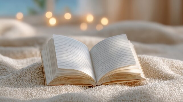 Open blank book lying on soft beige blanket with cozy bokeh background perfect for reading encouragement visuals, knowledge day content and gentle educational promotions