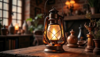 Vintage lantern illuminates rustic room with warm glow