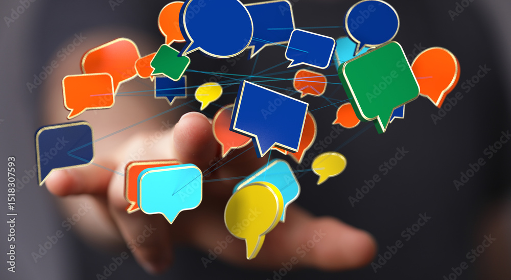 Poster image of interconnected speech bubbles, representing global communication and networking.