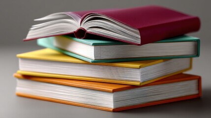Stack of colorful hardcover books arranged on gray surface in soft light perfect for back to school themes, educational content, and academic design visuals