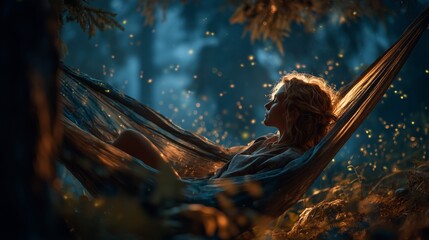A serene figure resting in a hammock surrounded by soft, glowing lights. Deep sleep healing