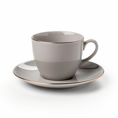 An isolated, ultra-detailed photograph of gray cup and saucer on a white background,realistic photography