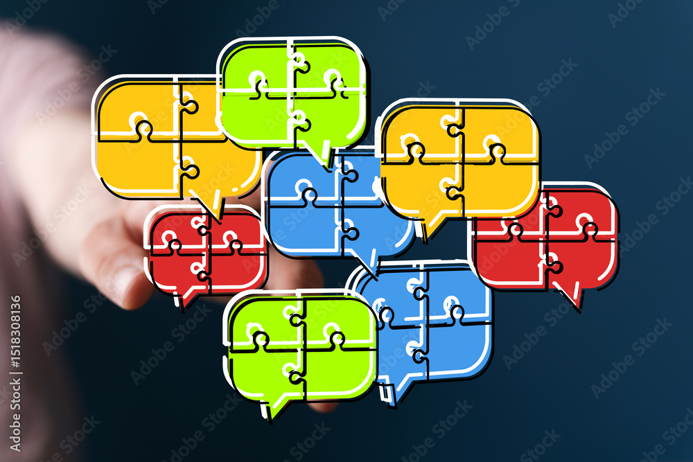 Aufkleber Abstract image of puzzle pieces forming speech bubbles, symbolizing communication and collaboration.