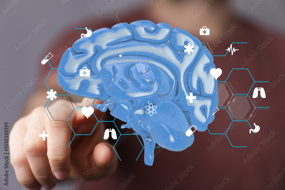 Poster high-quality stock photo of a hand interacting with a digital 3d brain model and medical icons. perf