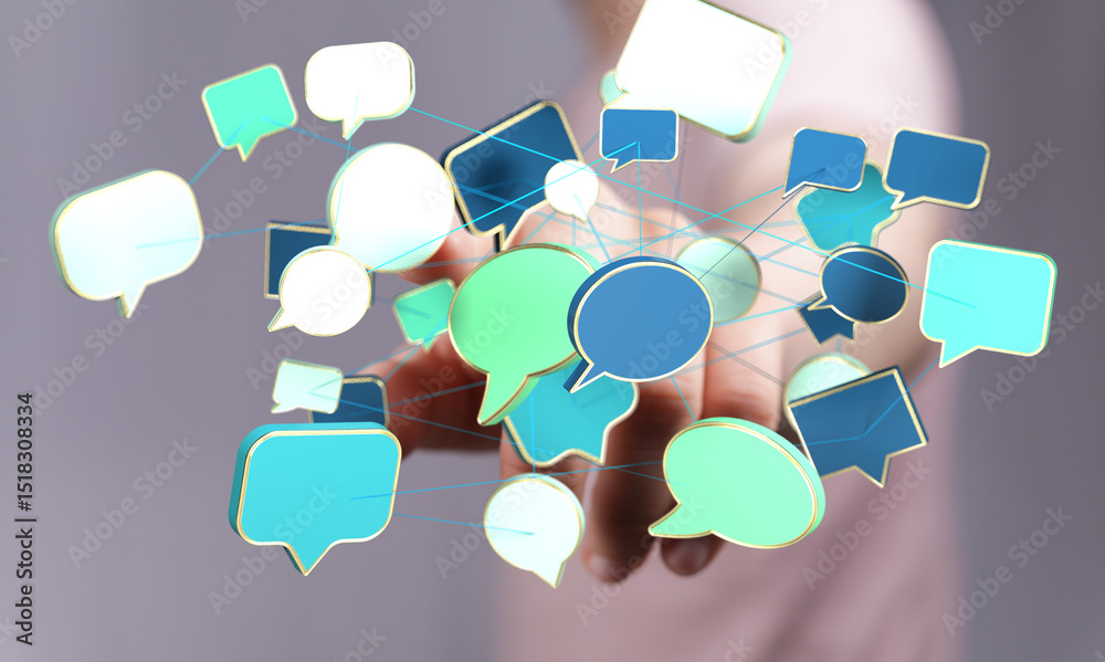 Poster abstract image of interconnected speech bubbles, symbolizing global communication and networking.