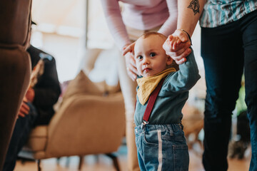 A young toddler is learning to walk with the guidance of two adults inside a comfortable home...