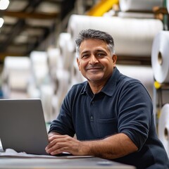 Indian man is leaning on the table with his laptop and smiling