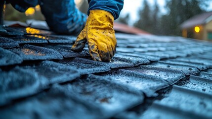 Skilled builder repairs roof. Man in overalls, gloves carefully works on tiled roof. Construction, home renovation, repair concept, new house building at sunset. Professional handyman.