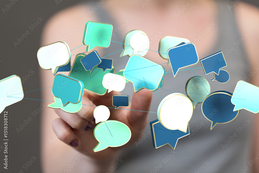 Poster abstract image of interconnected speech bubbles, representing global communication and networking.
