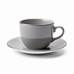 An isolated, ultra-detailed photograph of gray cup and saucer on a white background,realistic photography