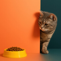 Curious cat peeks around colorful wall, eyeing bowl of dry cat food. vibrant orange and teal background adds playful touch to scene