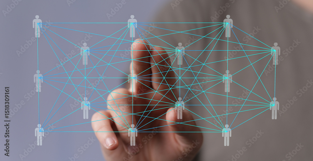 Fototapete hand interacting with a digital network, showing global connections and data flow.