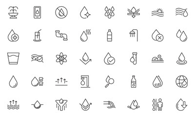 Water outline icons set. Water, filter, drops, waves, drop, sea, drinking water, bottle, cleanliness, aqua outline icons collection. Collection of Outline Icons. Vector illustration.