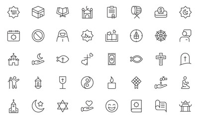 Religious line Icon Set. A meaningful collection of icons representing various faiths and beliefs, perfect for spiritual apps, and community outreach initiatives. Vector illustration