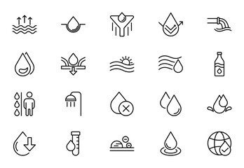 Water outline icons set. Water, filter, drops, waves, drop, sea, drinking water, bottle, cleanliness, aqua outline icons collection. Collection of Outline Icons. Vector illustration.