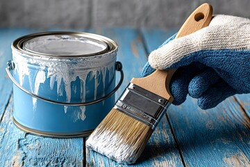 Gloved hand gripping a paintbrush loaded with white paint, positioned next to an open can of paint on a blue wooden surface, readying for an exciting painting project
