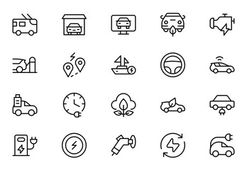 Fototapeta premium Electric Vehicle and Car line Icon Set. A modern collection of icons showcasing electric transportation, perfect for enhancing automotive apps, websites, and sustainability initiatives.