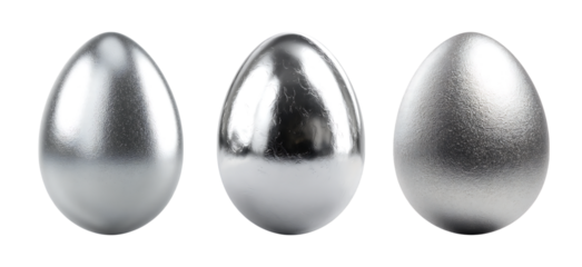 Three metallic silver eggs, different textures.