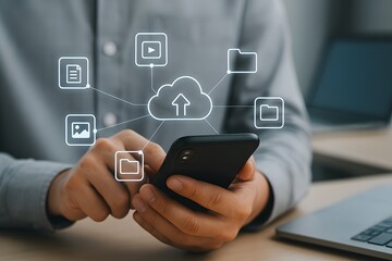 Businessman holds smartphone touching social media icons on a digital screen, symbolizing online communication and future technology