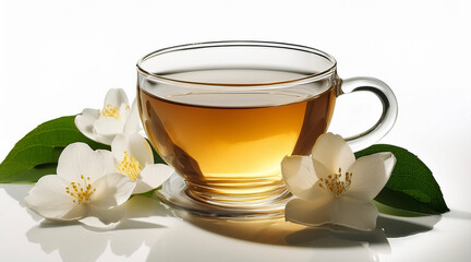 jasmine flowers tea with shadow on white background