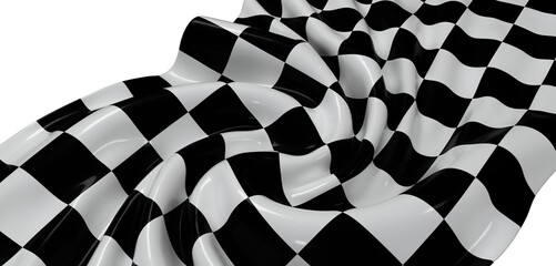 Black and white checkered flag, dramatic folds, racing, finish line, competition, victory, texture.