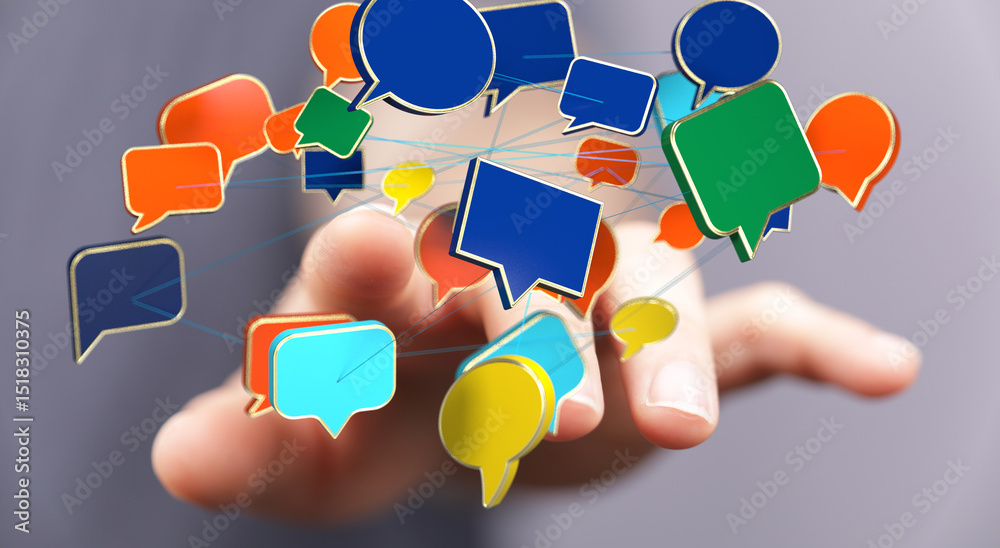Poster image of interconnected speech bubbles, symbolizing global communication and social media.
