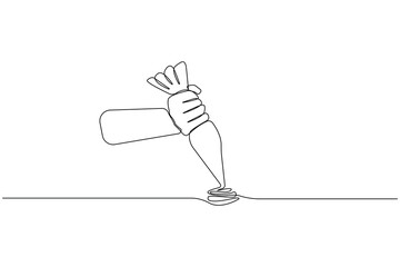 Hand holding pastry bag one-line art drawing. Pastry bag outline vector illustration