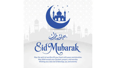 Vector art of Eid mubarak greeting card with mosque and moon illustration