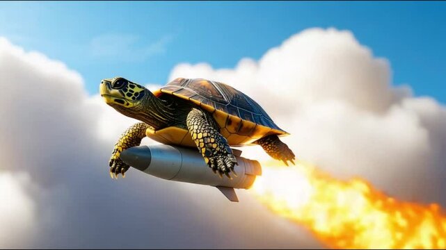 Tortoise rocket launch, blue sky, clouds, speed