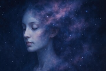 Ethereal Portrait of a Woman with a Serene Expression Her Face Partially Obscured by Swirling Nebulae and Cosmic Dust Representing Inner Peace and Universal Connection
