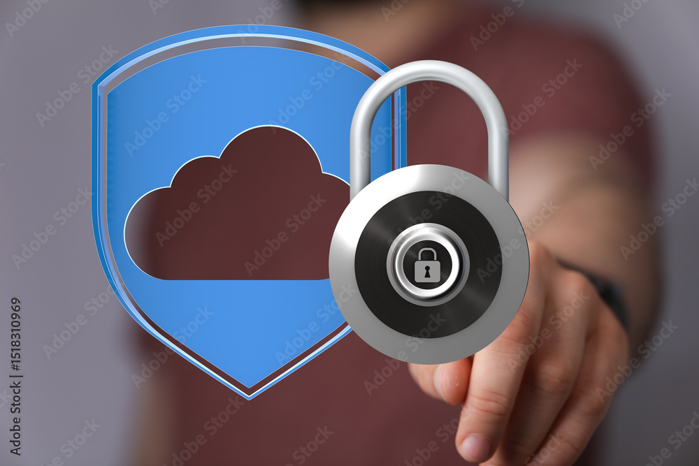 Poster Image depicts secure cloud storage, data protection, and online security.  Perfect for cybersecurity concepts.