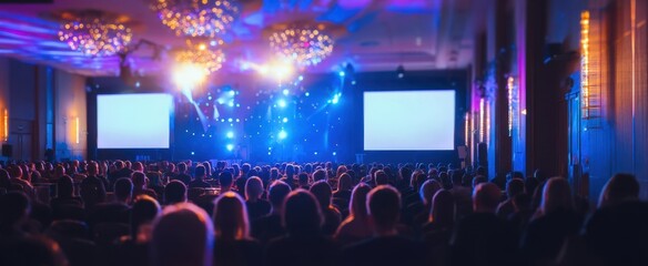 The vibrant audience captivated by a dynamic stage presentation in a modern venue.