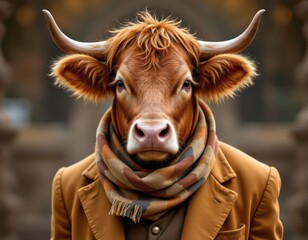 Highland Cow in Autumn Outfit A Brown Bull Wearing a Scarf