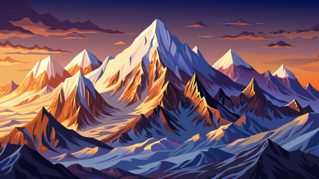 Vector illustration of Himalayan mountain range at dawn, capturing a tranquil morning atmosphere with soft light over peaceful snowy peaks