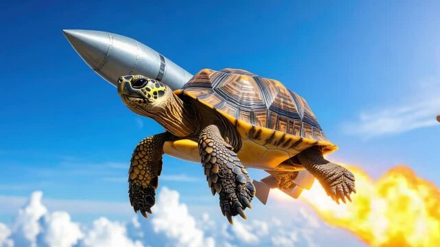 Tortoise rocket flight, cloudscape background, whimsical illustration