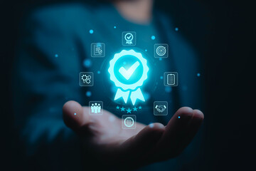 Hand shows sign of top service Quality assurance, Guarantee, Standards, ISO certification and standardization concept, satisfaction, service experience, show the standards of products and services.	
